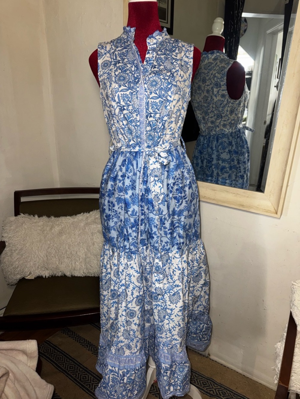 Blue and White Floral Tie-Waist Maxi Dress